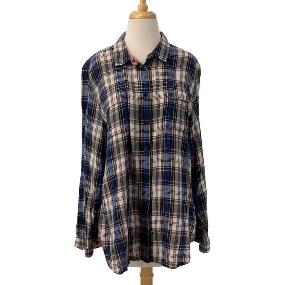 Carbon 2 Cobalt Womens Tab Sleeve Button‎ Down Plaid Shirt Blue/Black Plaid XL